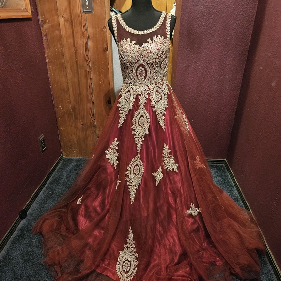 strapless open back dress Burgundy and Gold African American Prom Dress with Long Sleeves main image 1